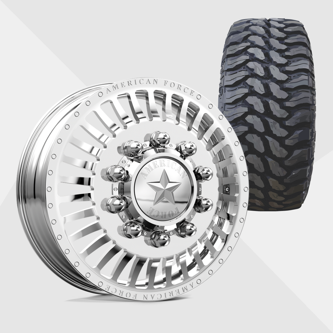 American Force Legion Polished 24x8.25 8x165.1 (8x6.5) with TIS Tires TIS Offroad TT1 M/T 37x13.50R24 Dually Package