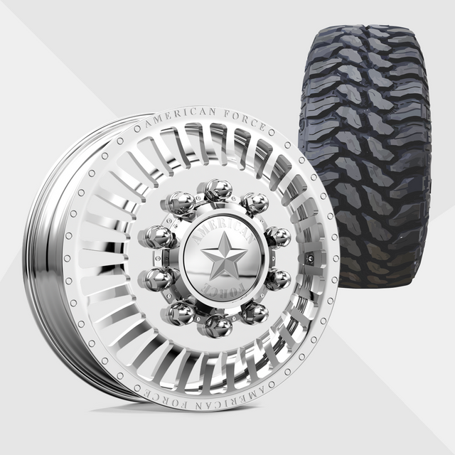 American Force Legion Polished 24x8.25 8x165.1 (8x6.5) with TIS Tires TIS Offroad TT1 M/T 37x13.50R24 Dually Package