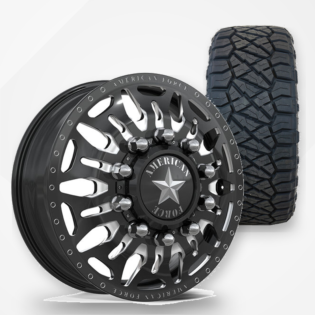 American Force Overhaul 22x8.25 Wheels & Nitto Tires Ridge Grappler 35x12.50R22 Tires - 22" Dually Package