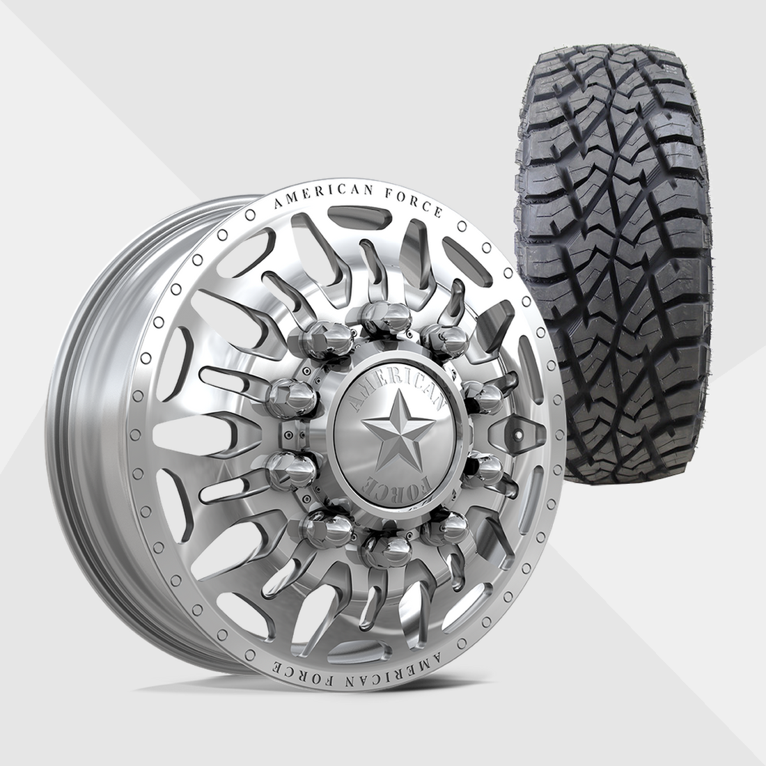 American Force Overhaul Polished 24x8.25 8x170 with AMP Tires Terrain Attack R/T 35x13.50R24 Dually Package