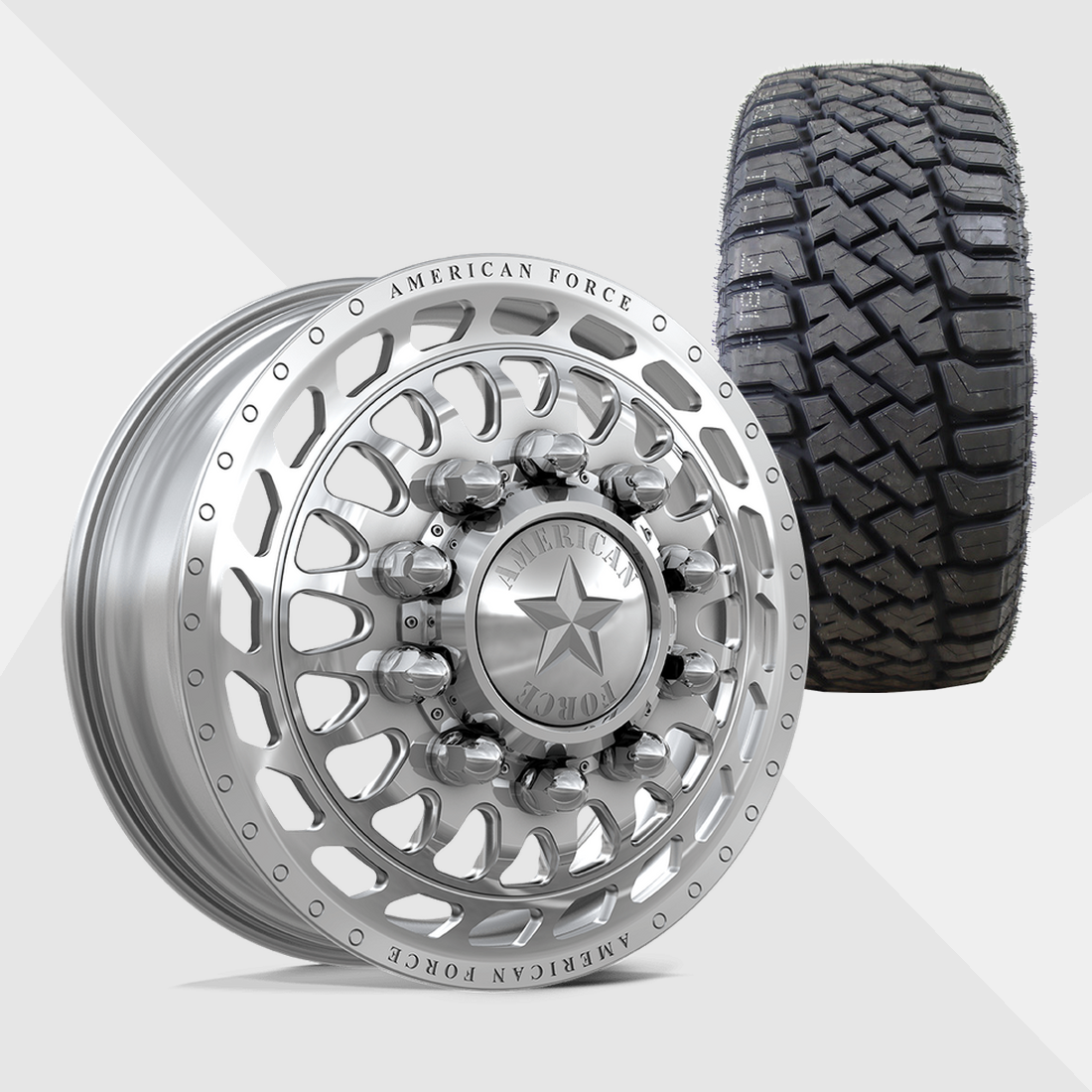 American Force Plex Polished 24x8.25 8x170 with LandSpider Tires Wildtraxx R/T 37x13.50R24 Dually Package