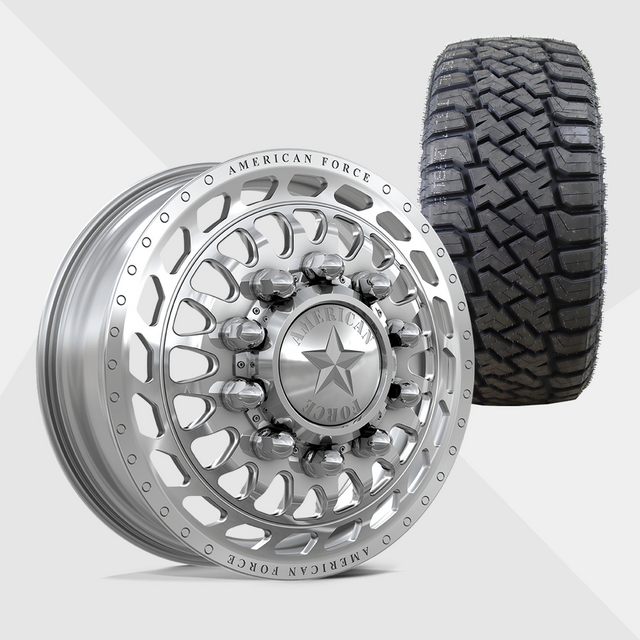 American Force Plex Polished 24x8.25 8x225 with LandSpider Tires Wildtraxx R/T 37x13.50R24 Dually Package