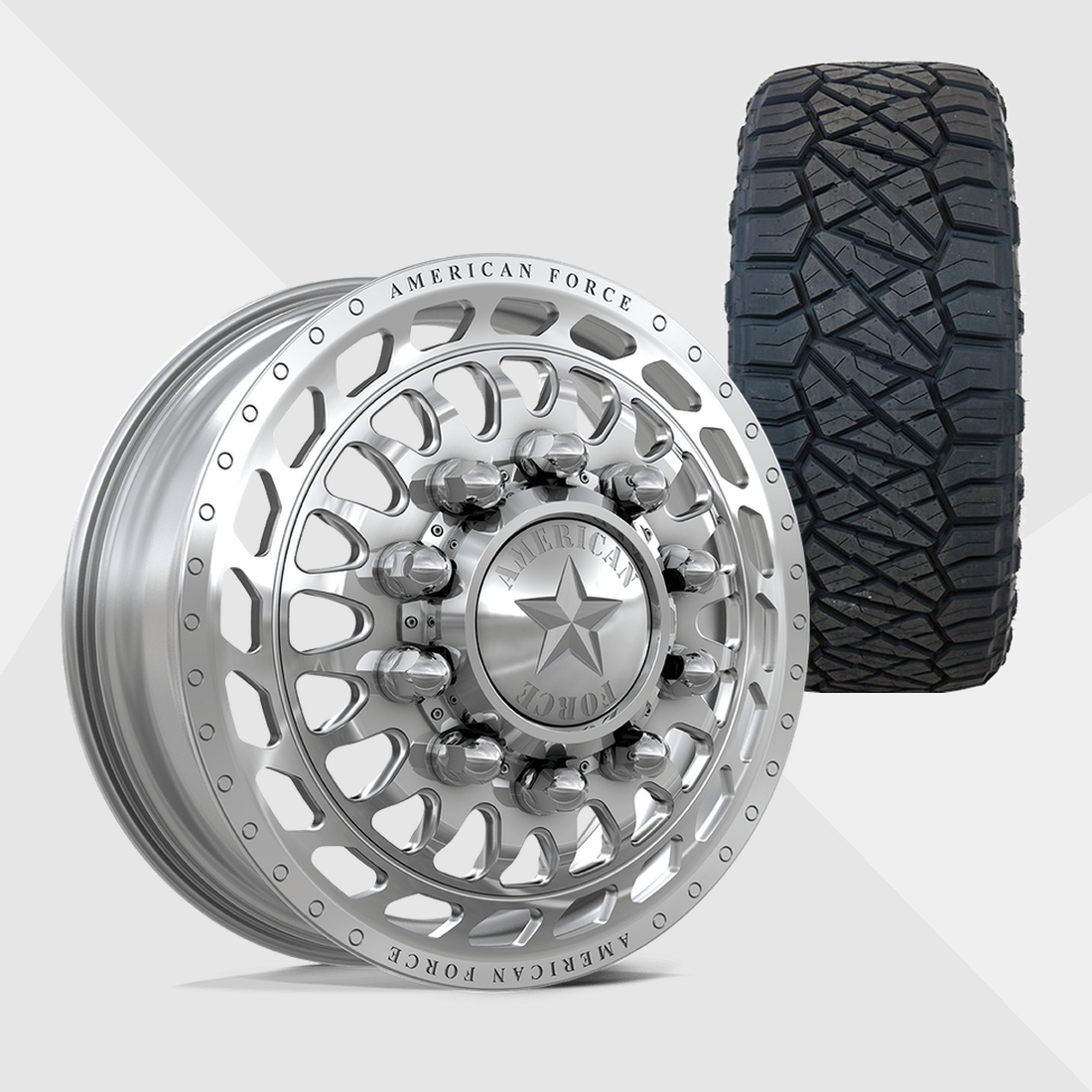 American Force Plex Polished 24x8.25 8x210 with Nitto Tires Ridge Grappler 37x13.50R24 Dually Package