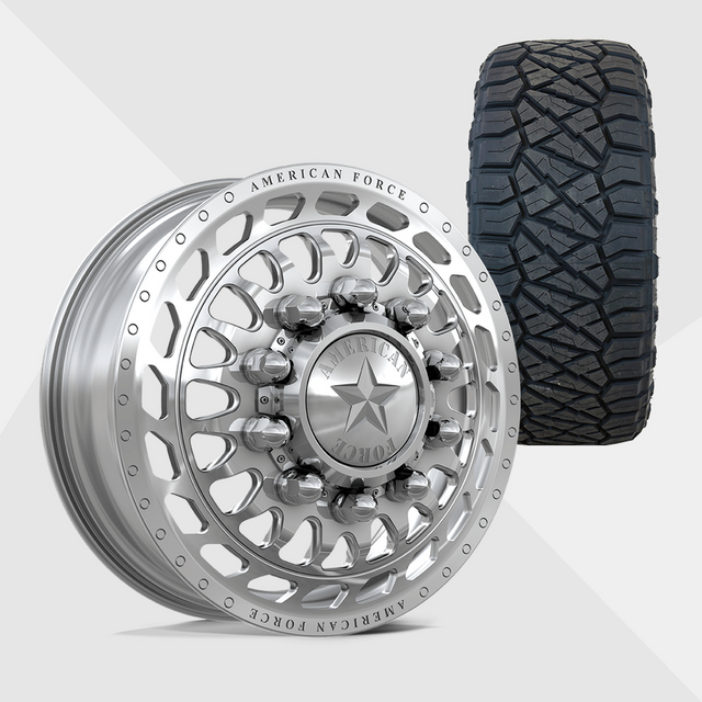 American Force Plex Polished 24x8.25 8x210 with Nitto Tires Ridge Grappler 37x13.50R24 Dually Package