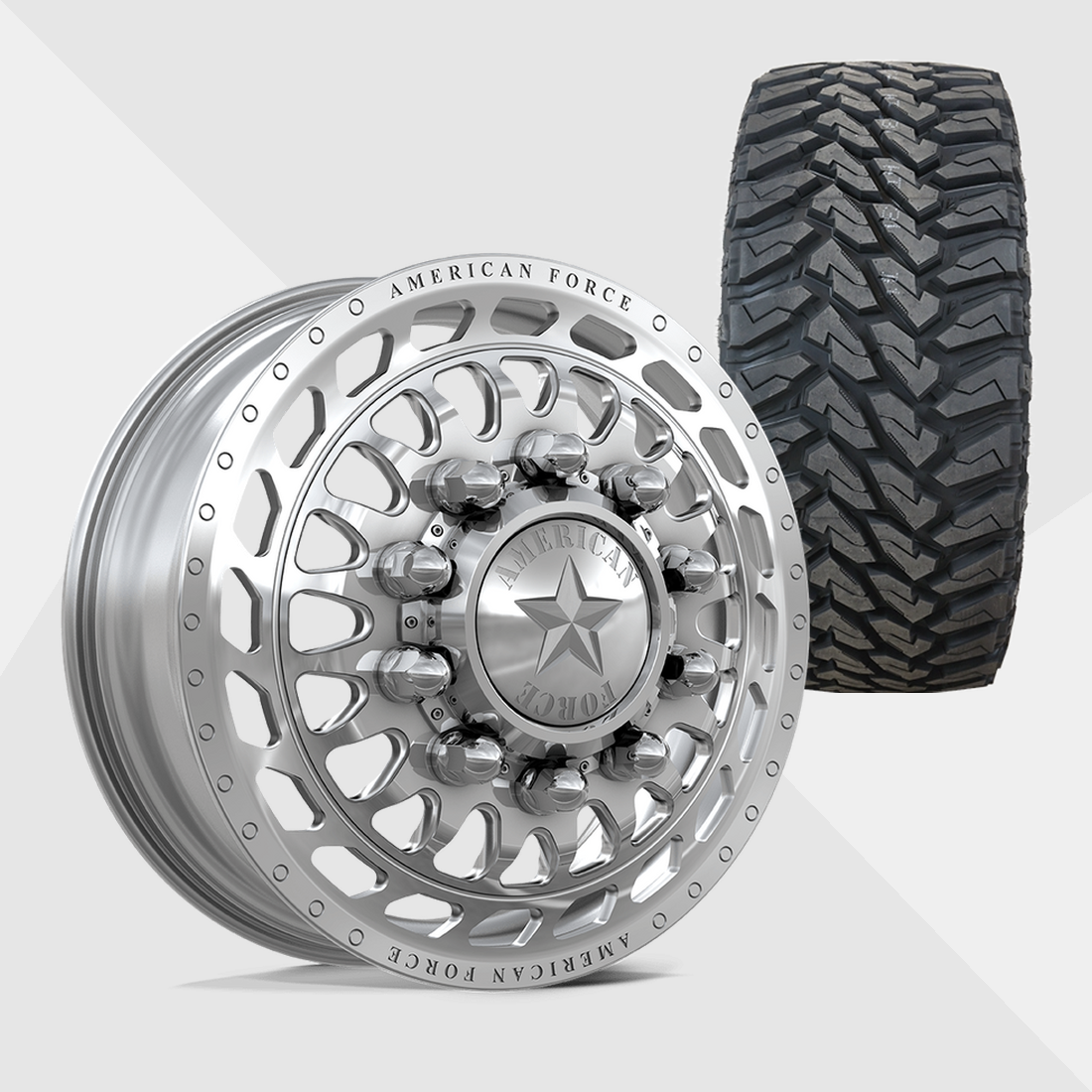 American Force Plex Polished 22x8.25 8x200 with Venom Power Tires Terra Hunter M/T 33x12.50R22 Dually Package
