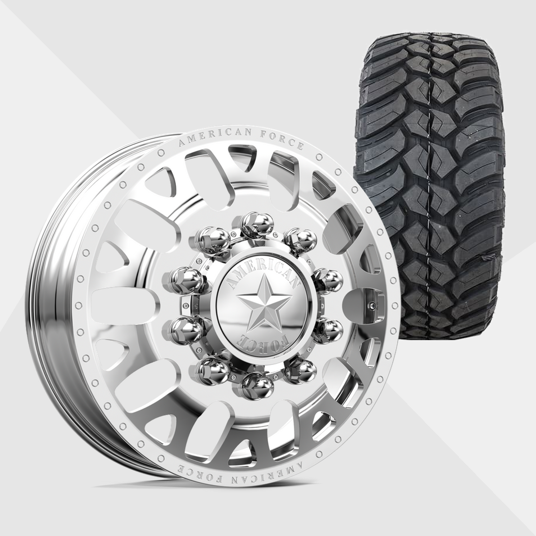American Force Pulse Polished 24x8.25 8x225 with AMP Tires Terrain Attack M/T 35x13.50R24 Dually Package