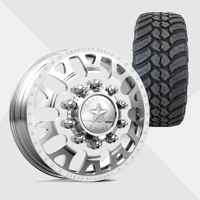 American Force Pulse Polished 24x8.25 8x225 with AMP Tires Terrain Attack M/T 35x13.50R24 Dually Package