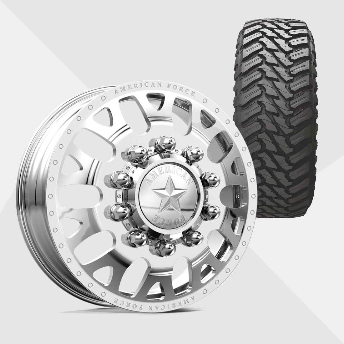 American Force Pulse Polished 22x8.25 8x225 with Atturo Tires Trail Blade M/T 33x12.50R22 Dually Package