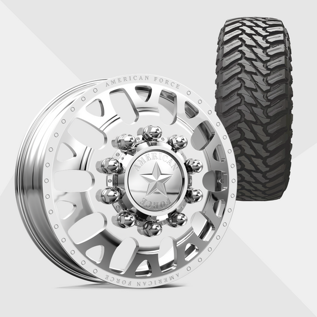 American Force Pulse Polished 22x8.25 8x225 with Atturo Tires Trail Blade M/T 33x12.50R22 Dually Package