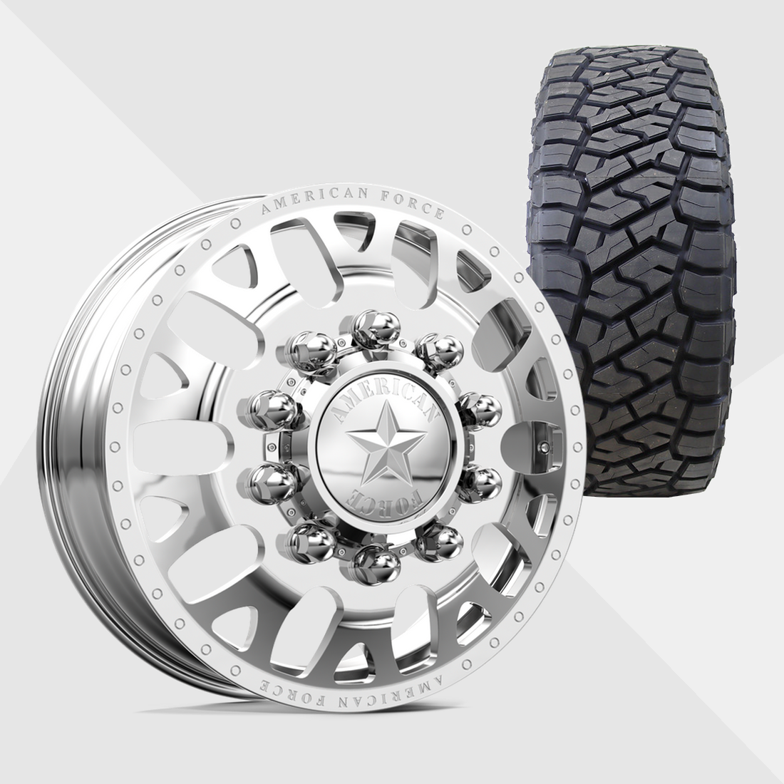 American Force Pulse Polished 24x8.25 8x210 with Toyo Tires Open Country R/T Trail 38x13.50R24 Dually Package