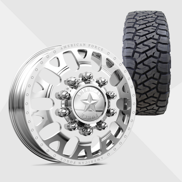 American Force Pulse Polished 24x8.25 8x210 with Toyo Tires Open Country R/T Trail 38x13.50R24 Dually Package