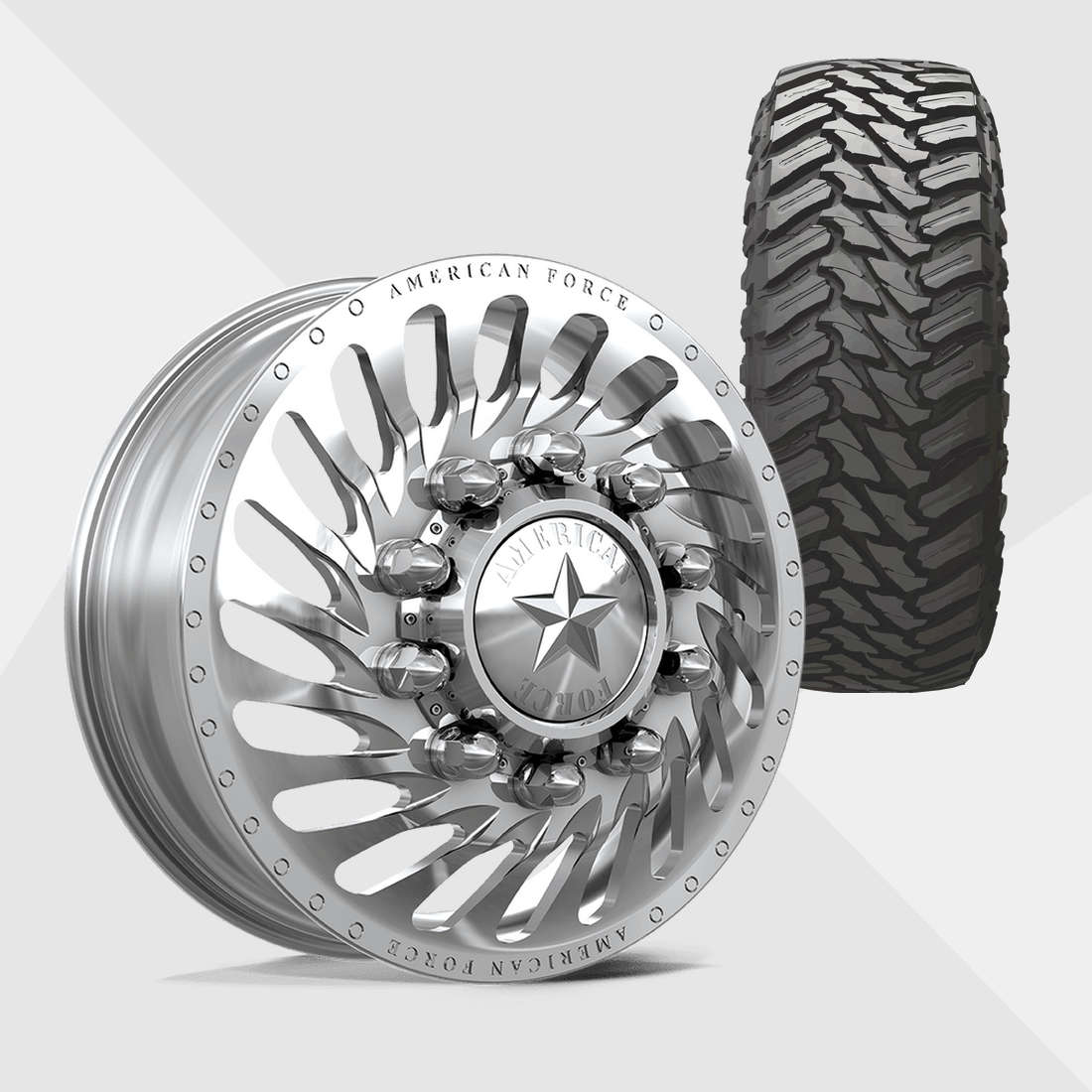 American Force Riptide Polished 22x8.25 8x170 with Atturo Tires Trail Blade M/T 33x12.50R22 Dually Package