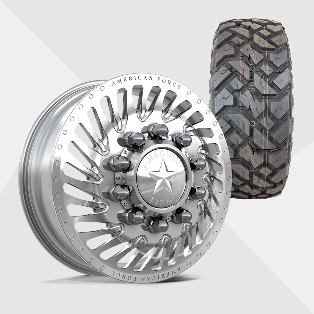 American Force Thriller Polished 22x8.25 8x225 with Fuel Tires Gripper X/T 33x12.50R22 Dually Package