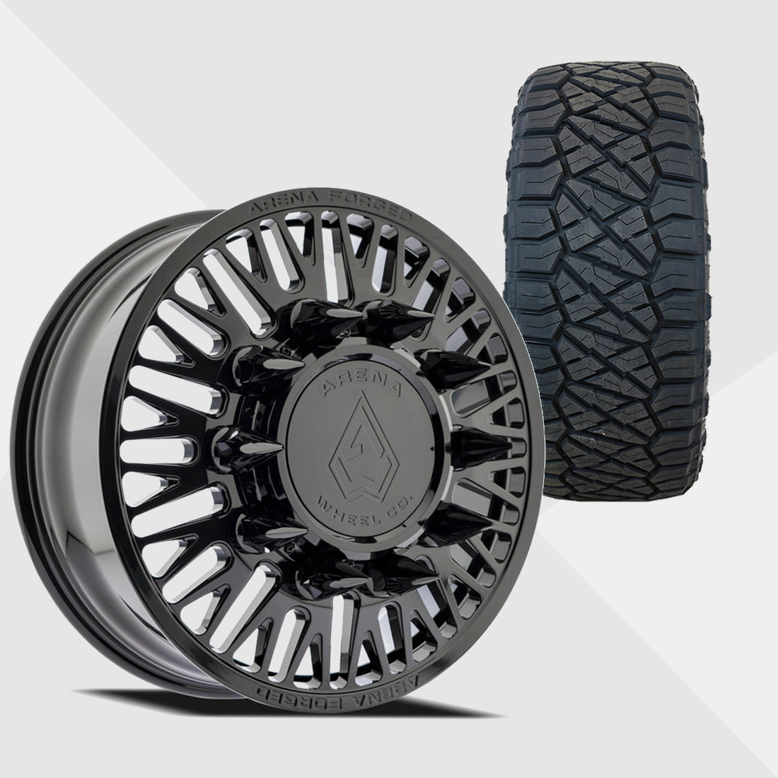 Arena Forged A101 Casino Gloss Black 22x8.25 10x225 with Nitto Tires Ridge Grappler 285/55R22 Dually Package