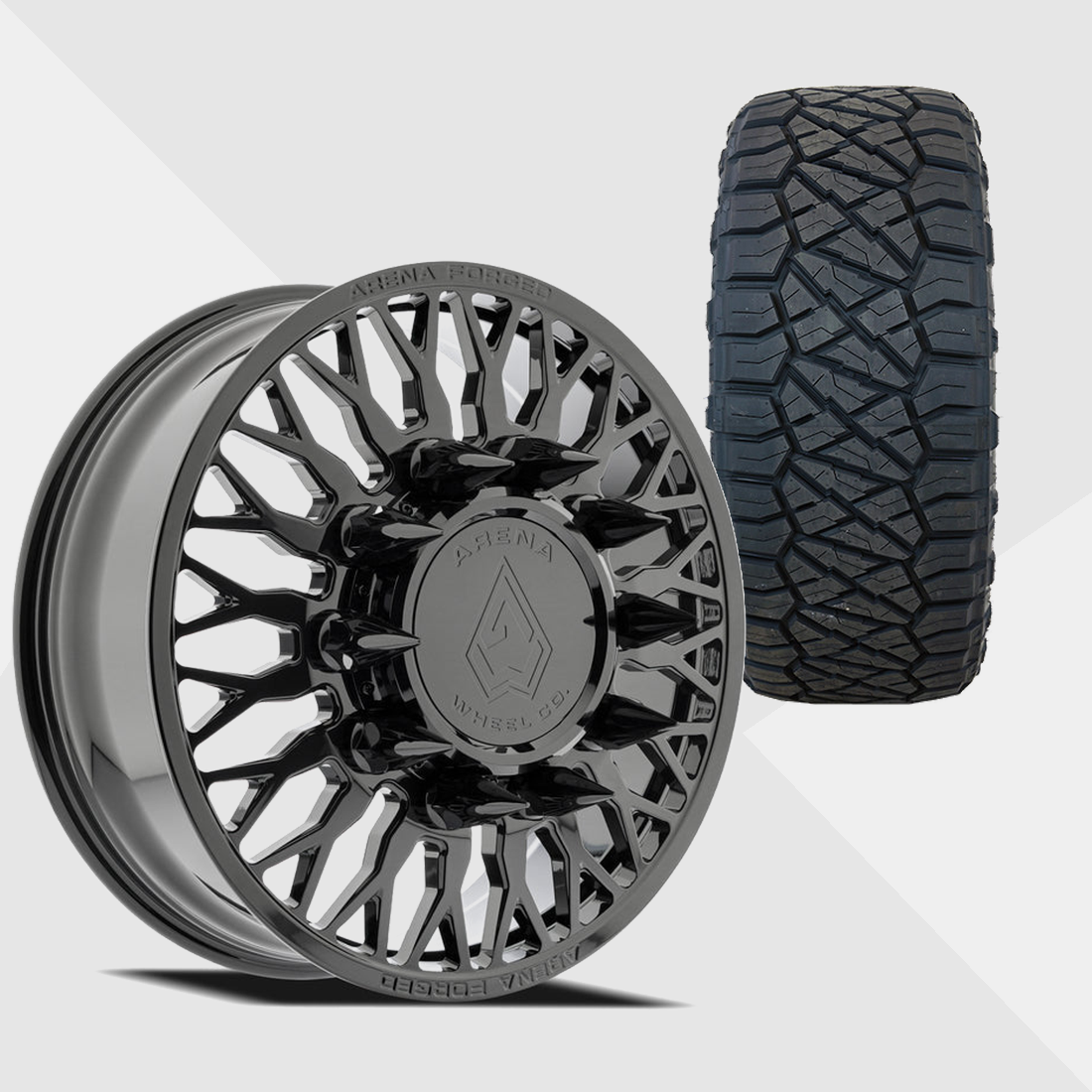 Arena Forged A102 Maximus Gloss Black 22x8.25 10x225 with Nitto Tires Ridge Grappler 285/55R22 Dually Package