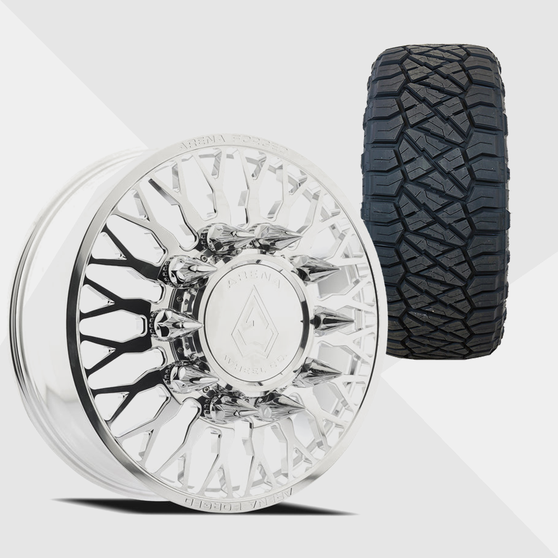 Arena Forged A102 Maximus Milled And Polished 22x8.25 10x225 with Nitto Tires Ridge Grappler 285/55R22 Dually Package