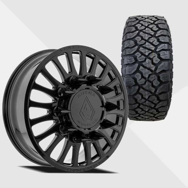 Arena Forged A103 Shorline Gloss Black 24x8.25 10x225 with Kenda Tires Klever R/T 35x12.50R24 Dually Package