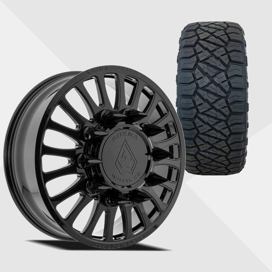 Arena Forged A103 Shorline Gloss Black 22x8.25 10x225 with Nitto Tires Ridge Grappler 285/55R22 Dually Package