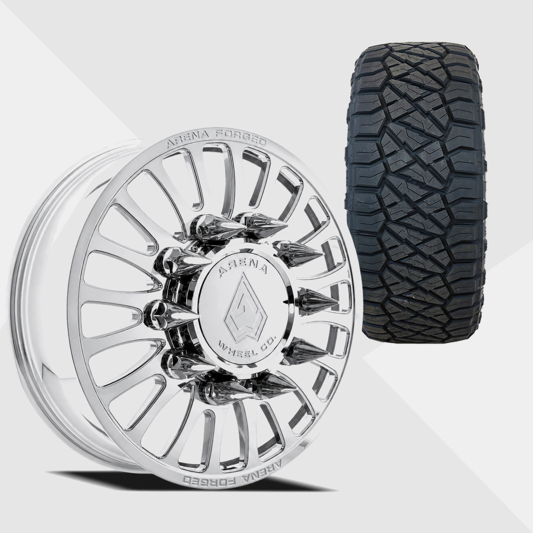 Arena Forged A103 Shorline Milled And Polished 22x8.25 10x225 with Nitto Tires Ridge Grappler 285/55R22 Dually Package