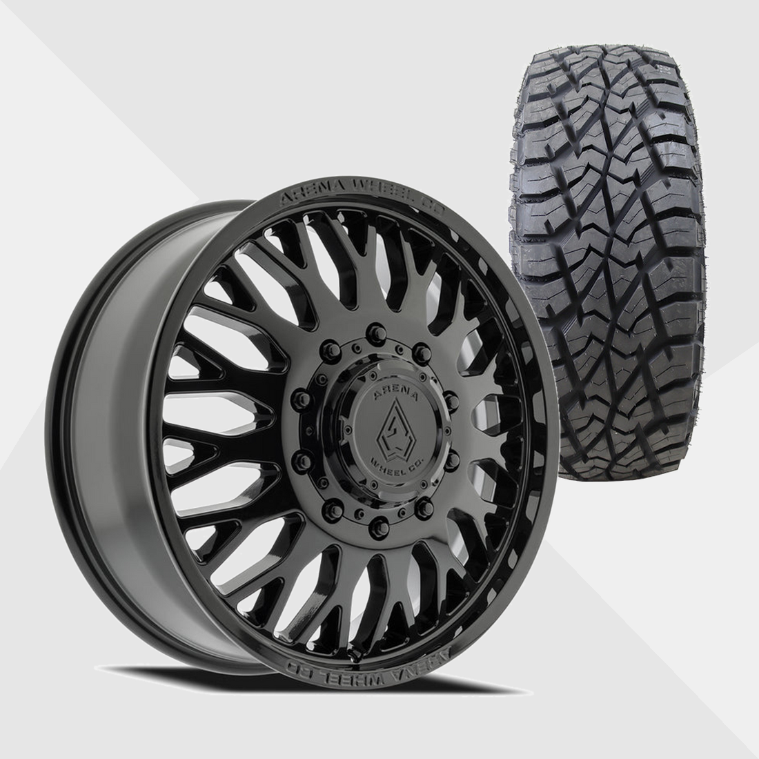 Arena A121 Monarch Gloss Black 22x8.25 10x225 with AMP Tires Terrain Attack R/T 35x12.50R22 Dually Package