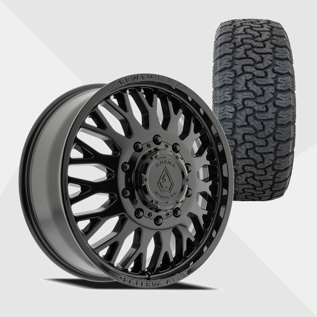 Arena A121 Monarch Gloss Black 24x8.25 10x225 with AMP Tires Terrain Pro A/T 35x12.50R24 Dually Package