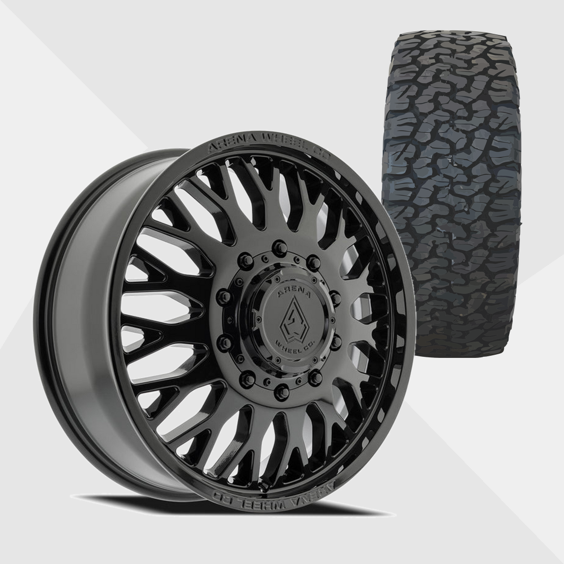 Arena A121 Monarch Gloss Black 22x8.25 8x200 with BF Goodrich Tires T/A KO2 A/T 35x12.50R22 Dually Package