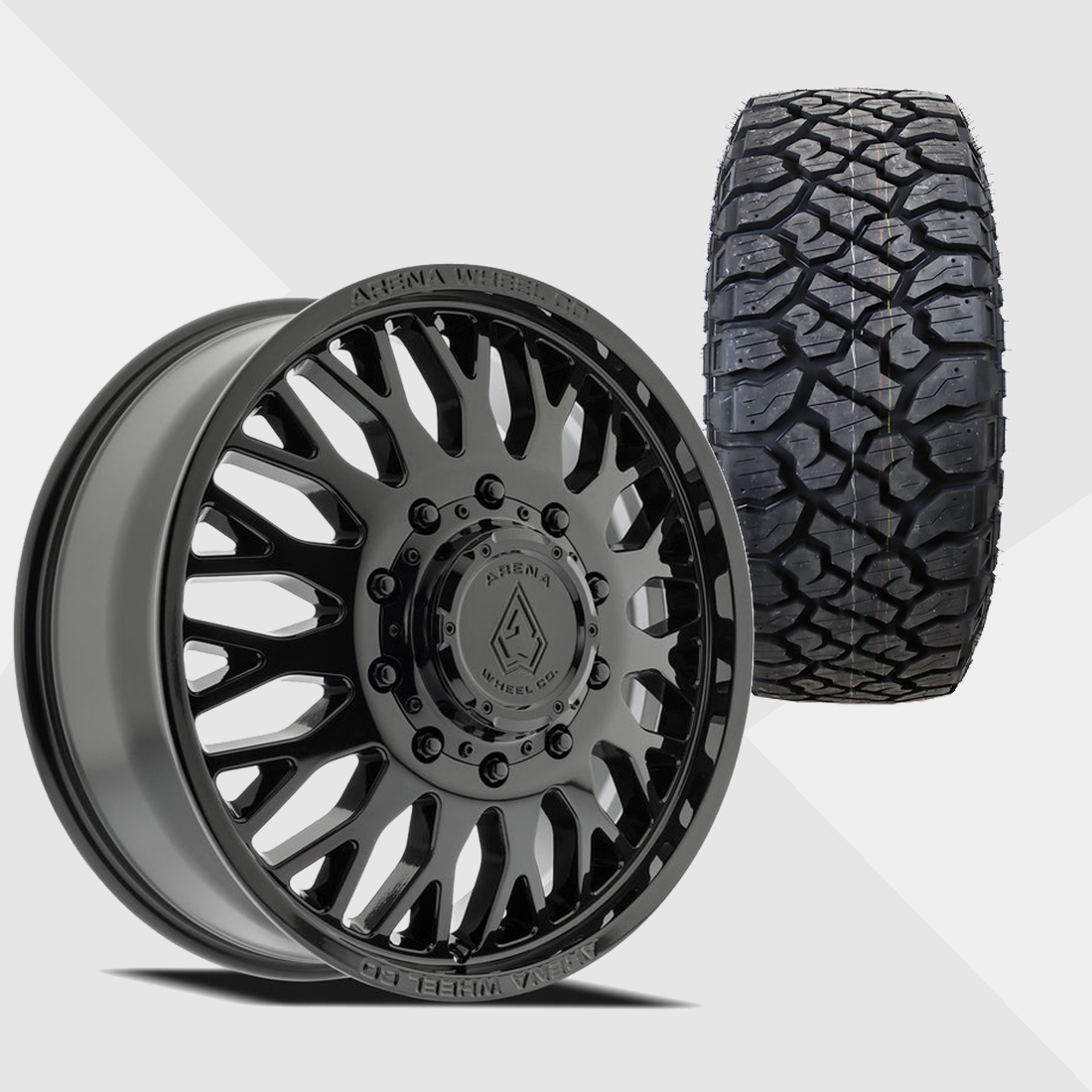 Arena A121 Monarch Gloss Black 24x8.25 10x225 with Kenda Tires Klever R/T 35x12.50R24 Dually Package