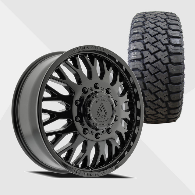 Arena A121 Monarch Gloss Black 24x8.25 10x225 with LandSpider Tires Wildtraxx R/T 37x13.50R24 Dually Package