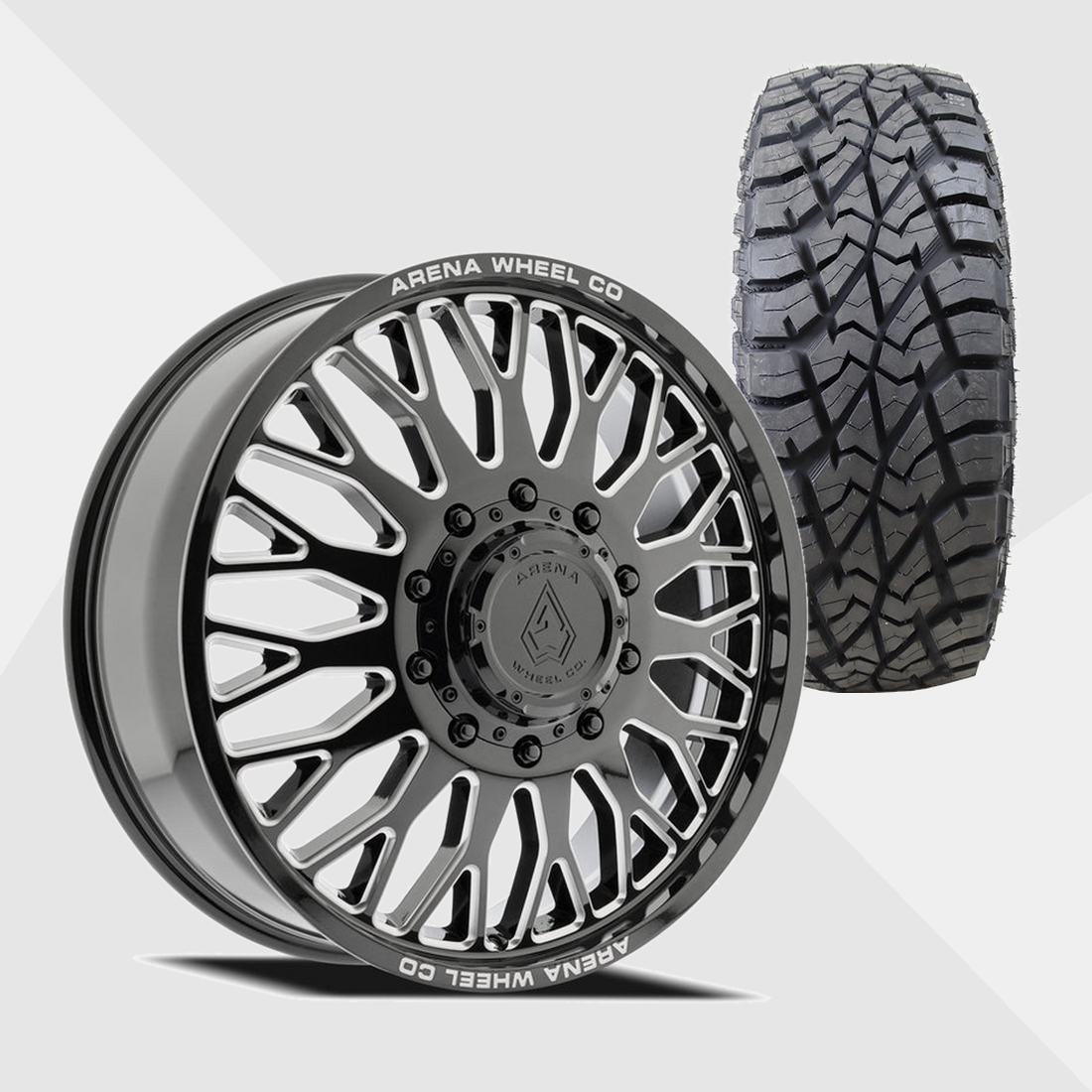 Arena A121 Monarch Gloss Black Milled 24x8.25 8x200 with AMP Tires Terrain Attack R/T 35x13.50R24 Dually Package