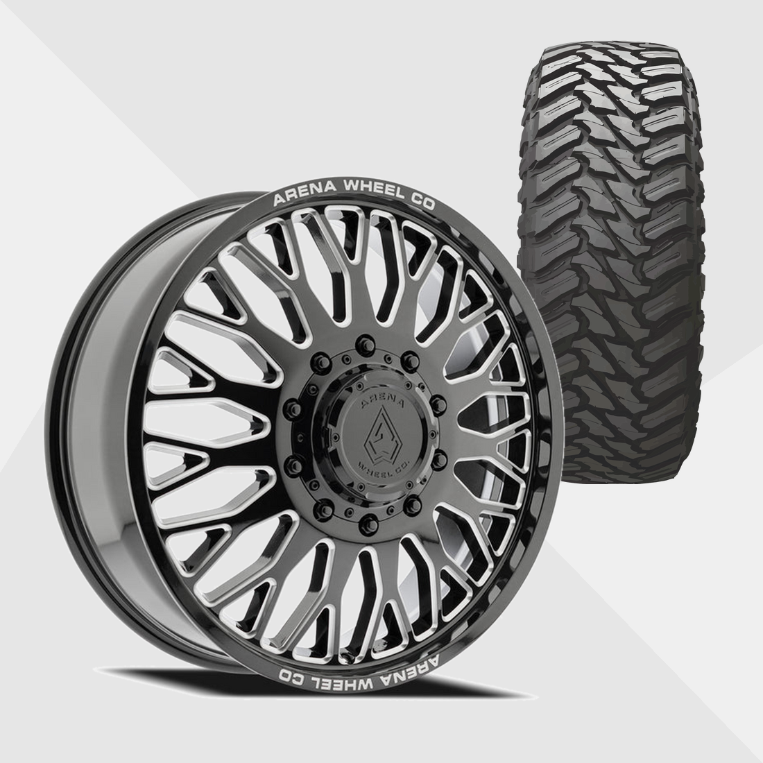 Arena A121 Monarch Gloss Black Milled 22x8.25 8x210 with Atturo Tires Trail Blade M/T 33x12.50R22 Dually Package