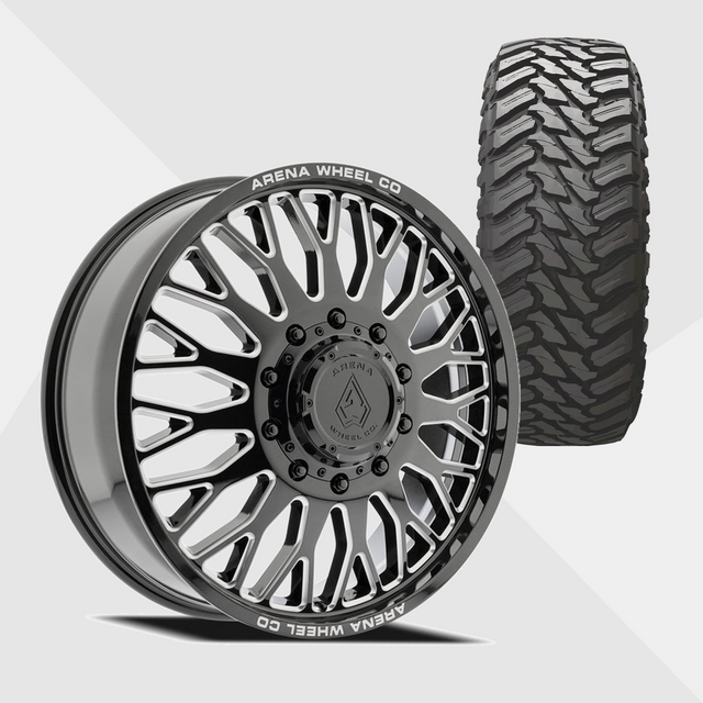 Arena A121 Monarch Gloss Black Milled 22x8.25 8x210 with Atturo Tires Trail Blade M/T 33x12.50R22 Dually Package