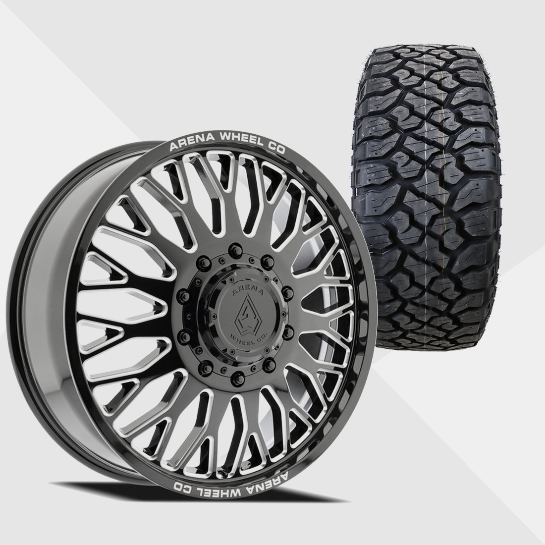 Arena A121 Monarch Gloss Black Milled 24x8.25 8x210 with Kenda Tires Klever R/T 35x12.50R24 Dually Package
