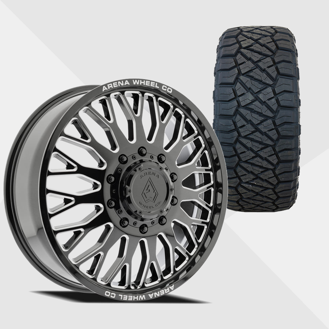 Arena A121 Monarch Gloss Black Milled 22x8.25 8x165.1 (8x6.5) with Nitto Tires Ridge Grappler 285/55R22 Dually Package