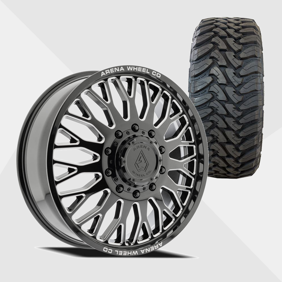 Arena A121 Monarch Gloss Black Milled 22x8.25 8x210 with Toyo Tires Open Country M/T 33x12.50R22 Dually Package