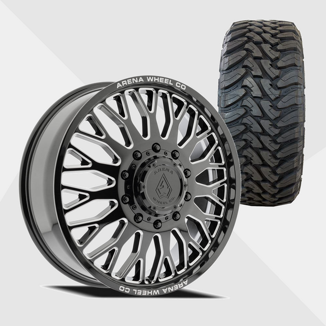 Arena A121 Monarch Gloss Black Milled 22x8.25 8x210 with Toyo Tires Open Country M/T 35x12.50R22 Dually Package
