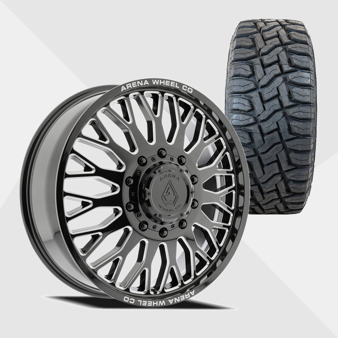 Arena A121 Monarch Gloss Black Milled 22x8.25 10x225 with Toyo Tires Open Country R/T 37x12.50R22 Dually Package