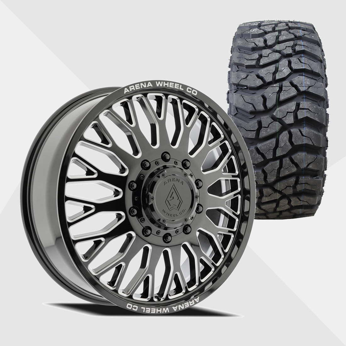 Arena A121 Monarch Gloss Black Milled 22x8.25 10x225 with Venom Power Tires Swampthing M/T 33x12.50R22 Dually Package
