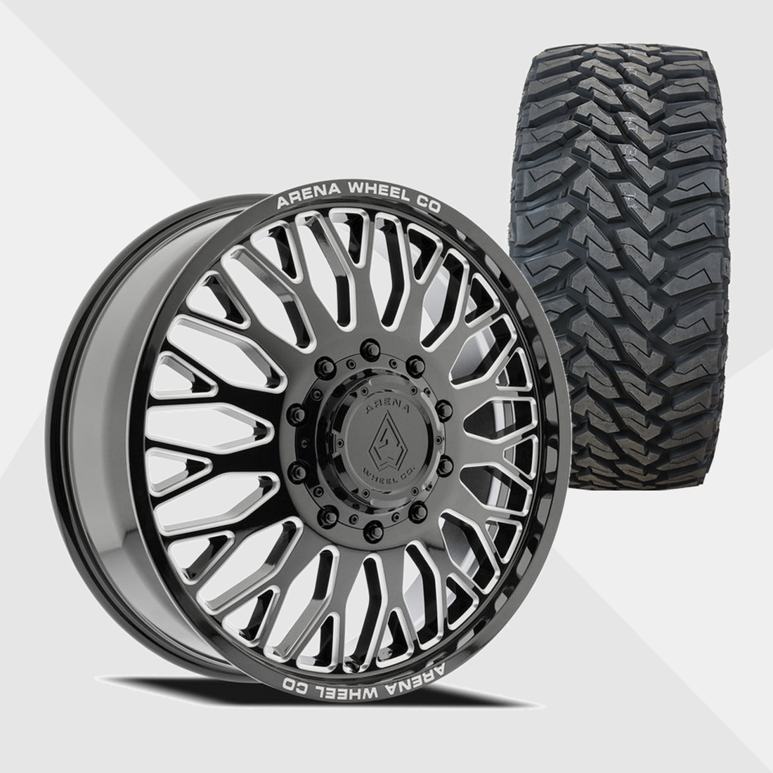 Arena A121 Monarch Gloss Black Milled 22x8.25 8x200 with Venom Power Tires Terra Hunter M/T 33x12.50R22 Dually Package