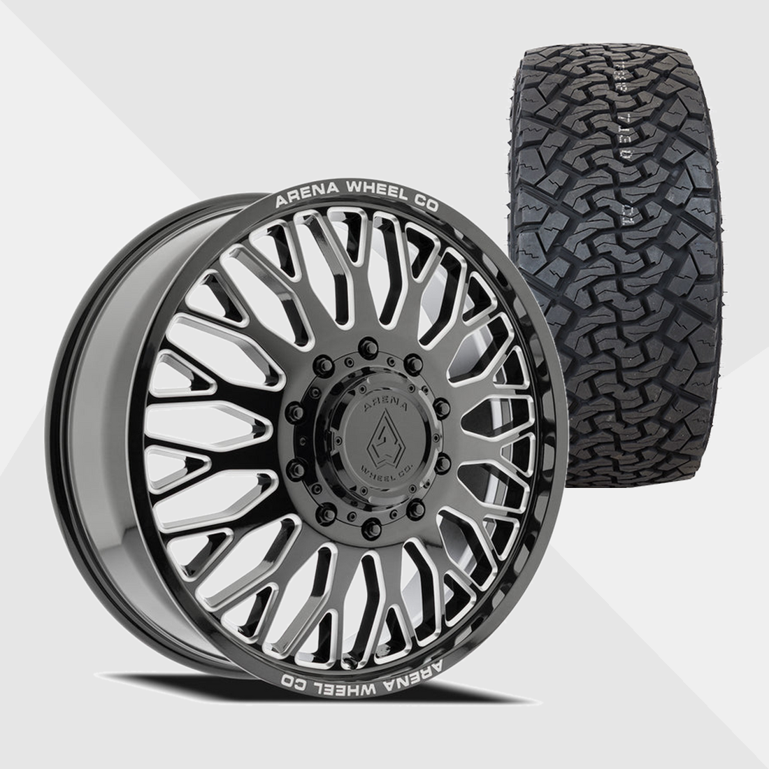 Arena A121 Monarch Gloss Black Milled 22x8.25 8x200 with Venom Power Tires Terra Hunter X/T 33x12.50R22 Dually Package