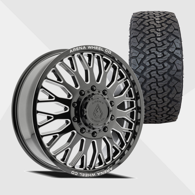 Arena A121 Monarch Gloss Black Milled 22x8.25 8x200 with Venom Power Tires Terra Hunter X/T 33x12.50R22 Dually Package