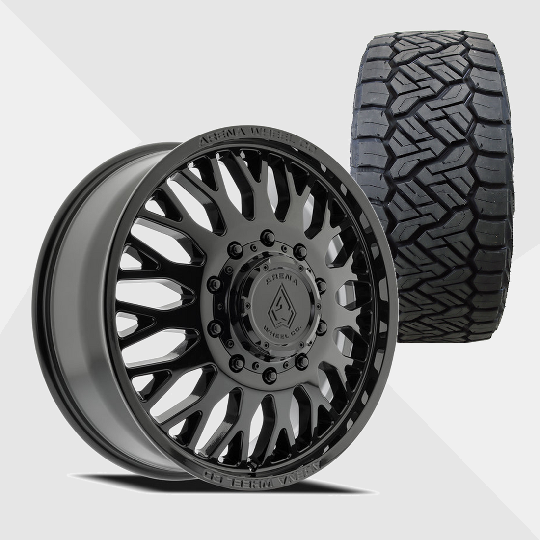 Arena A121 Monarch Gloss Black 24x8.25 8x200 with Nitto Tires Recon Grappler A/T 315/50R24 Dually Package