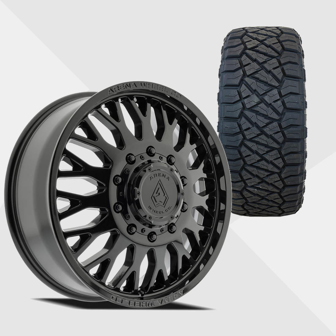 Arena A121 Monarch Gloss Black 22x8.25 8x210 with Nitto Tires Ridge Grappler 285/55R22 Dually Package