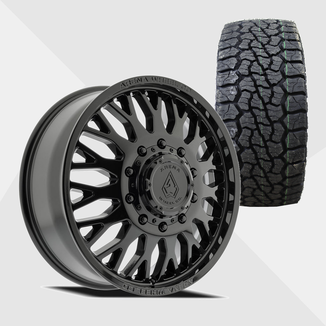 Arena A121 Monarch Gloss Black 24x8.25 10x225 with Venom Power Tires Swampthing A/T 35x12.50R24 Dually Package