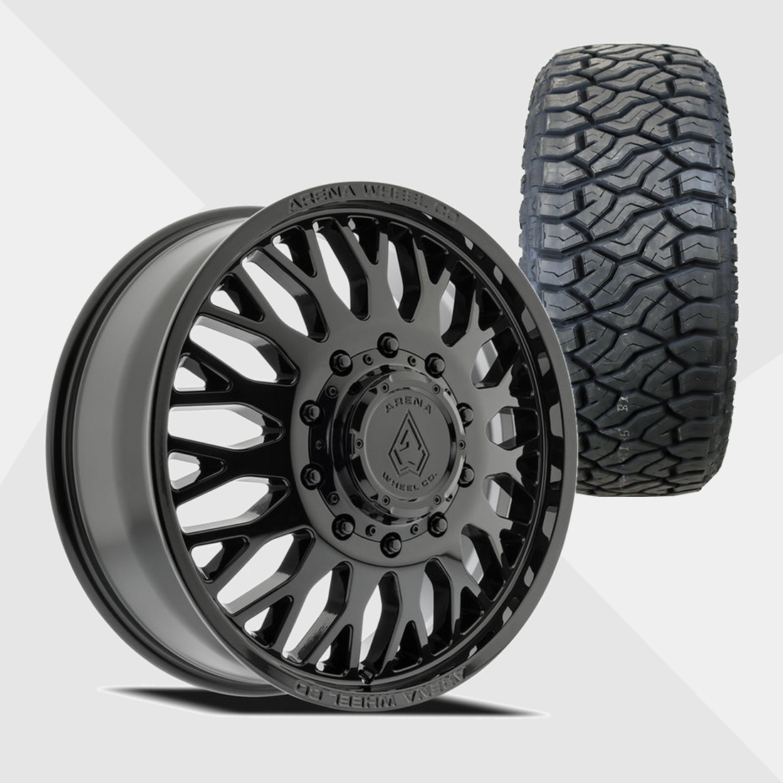 Arena A121 Monarch Gloss Black 22x8.25 8x200 with Venom Power Tires Terra Hunter R/T Plus 33x12.50R22 Dually Package