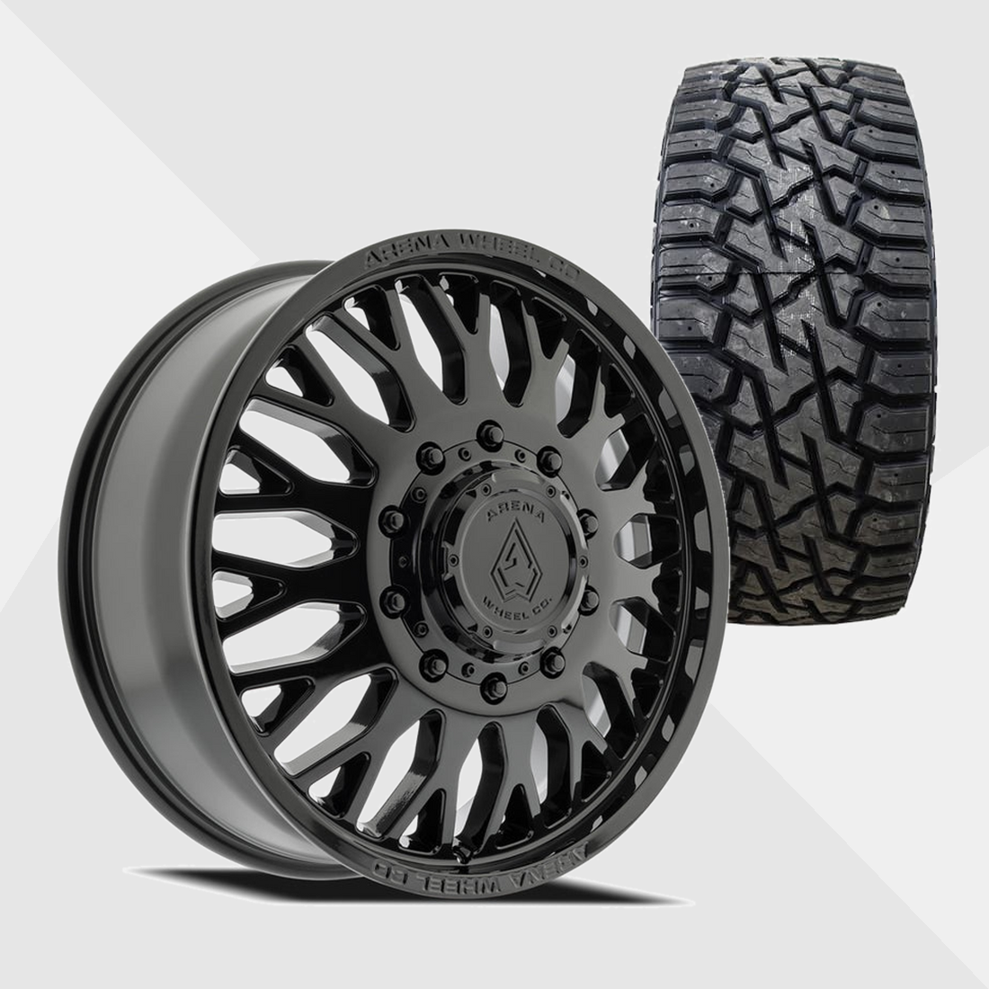 Arena A121 Monarch Gloss Black 22x8.25 8x200 with Venom Power Tires Trail Hunter R/T 33x12.50R22 Dually Package