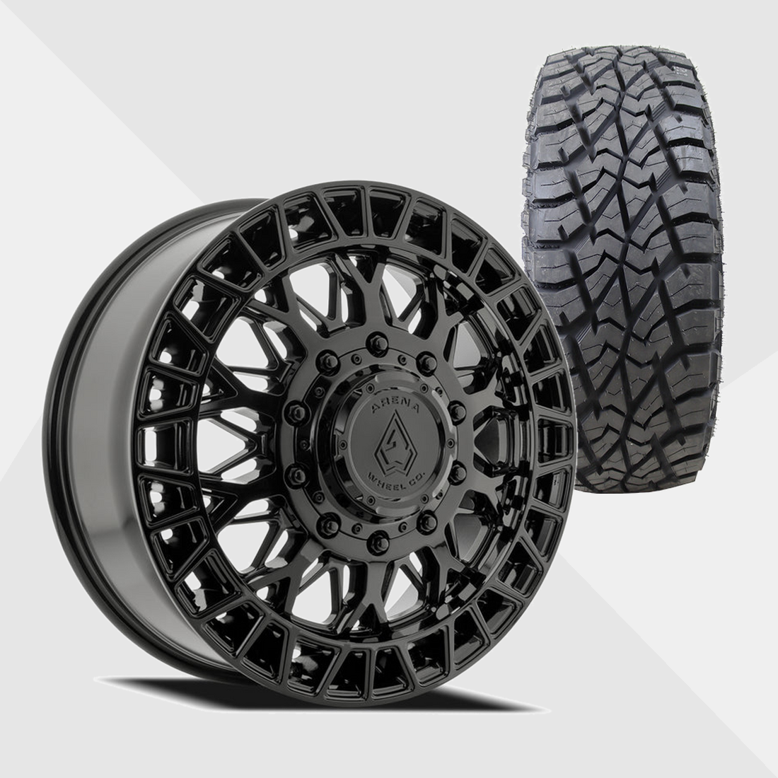 Arena A127 Innovator Gloss Black 22x8.25 10x225 with AMP Tires Terrain Attack R/T 35x12.50R22 Dually Package