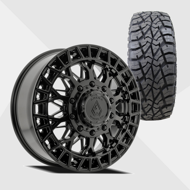 Arena A127 Innovator Gloss Black 22x8.25 10x225 with AMP Tires Terrain Attack R/T 35x12.50R22 Dually Package