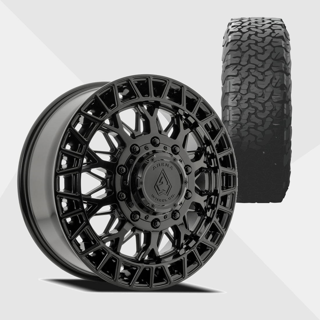 Arena A127 Innovator Gloss Black 22x8.25 8x210 with BF Goodrich Tires All-Terrain T/A KO3 285/55R22 Dually Package