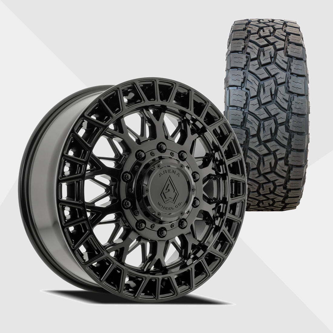 Arena A127 Innovator Gloss Black 22x8.25 10x225 with Toyo Tires Open Country A/T III 285/55R22 Dually Package