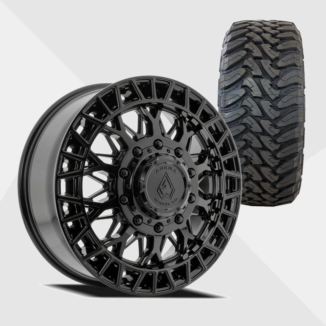 Arena A127 Innovator Gloss Black 22x8.25 8x200 with Toyo Tires Open Country M/T 33x12.50R22 Dually Package